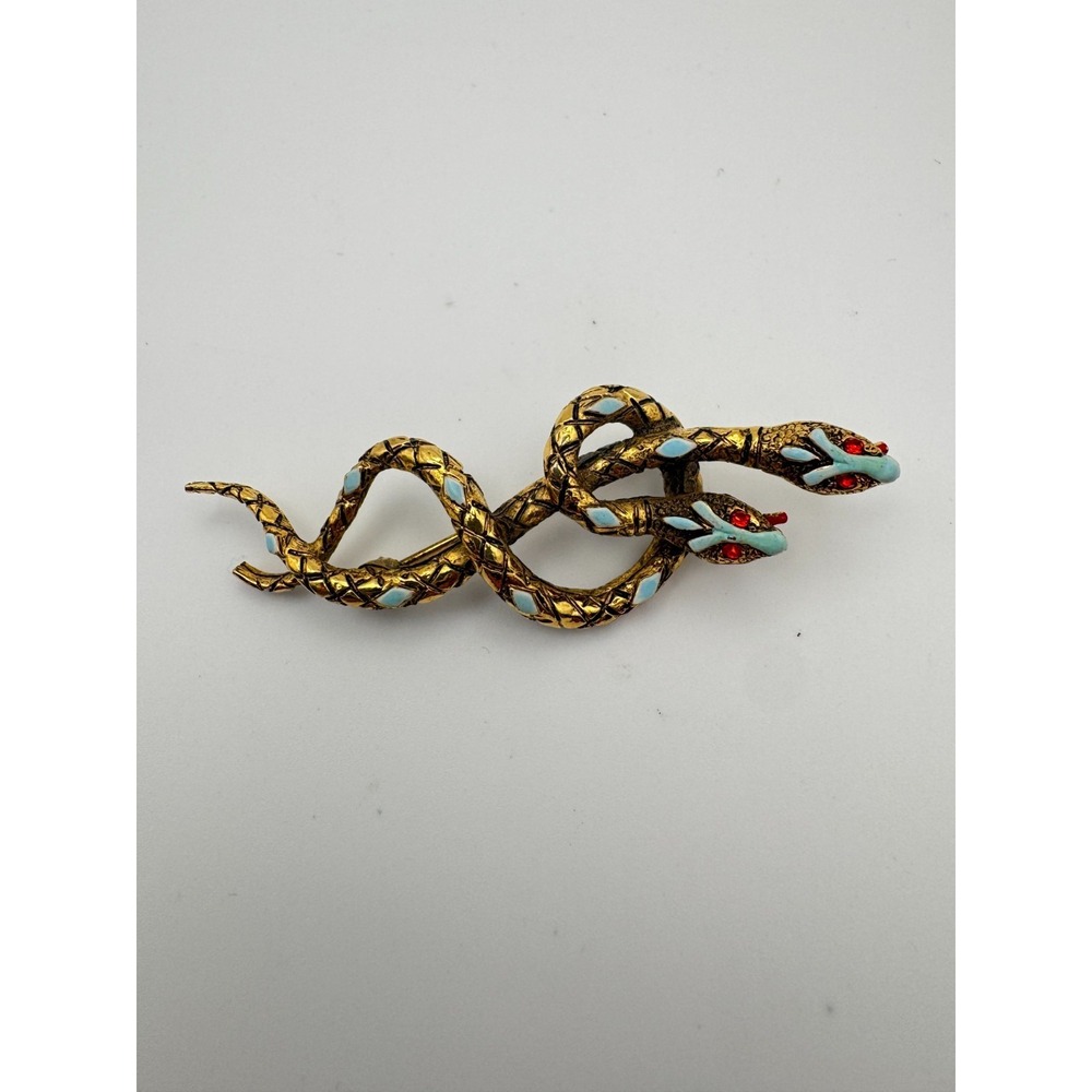 Vintage ART Snake Brooch Arthur Pepper Double Headed Blue Enamel Red Eyes